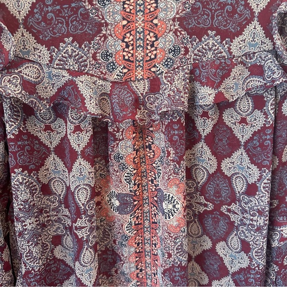 Knox Rose Semi Sheer Boho Long Sleeve Ruflfle Paisley Blouse sz M - Picture 6 of 14